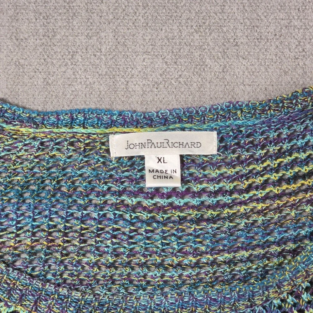 John Paul Richard Knit Top Womens XL Blue Space Dye Fringe Boho Short Sleeve